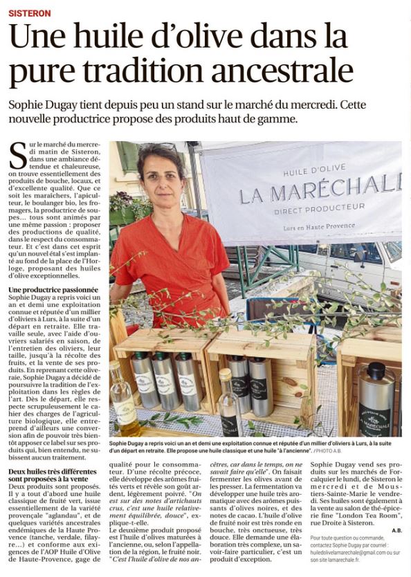Article de "la Provence" du 2 août 2023 à propos de l'huile d'olive La Maréchale