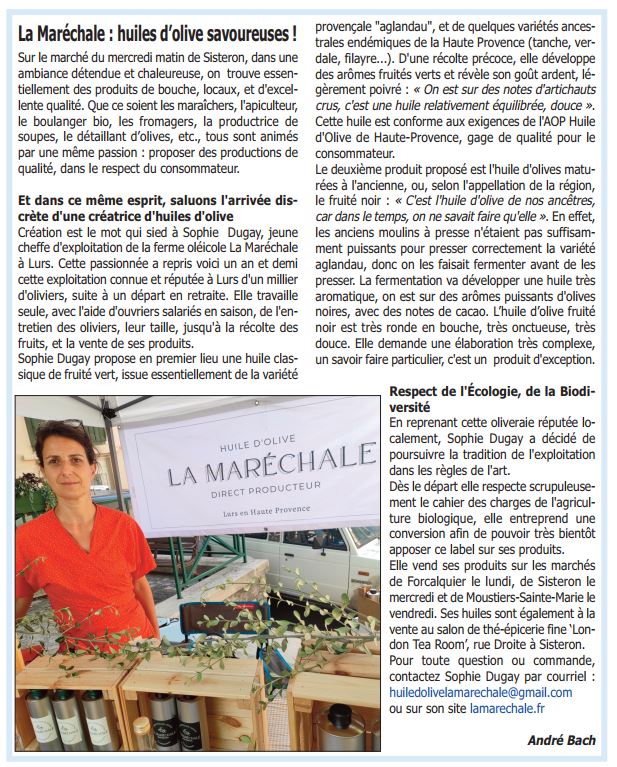 Un nouvel article dans le Sisteron Journal du 5 juillet à propos de l'huile d'olive La Maréchale